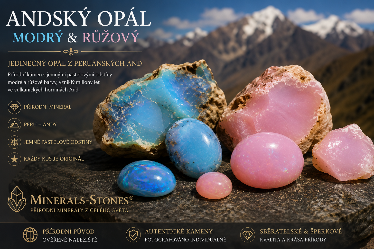 Andský opál (modrý a růžový): kompletní průvodce | Vlastnosti, naleziště a vznik | MINERALS-STONES®
