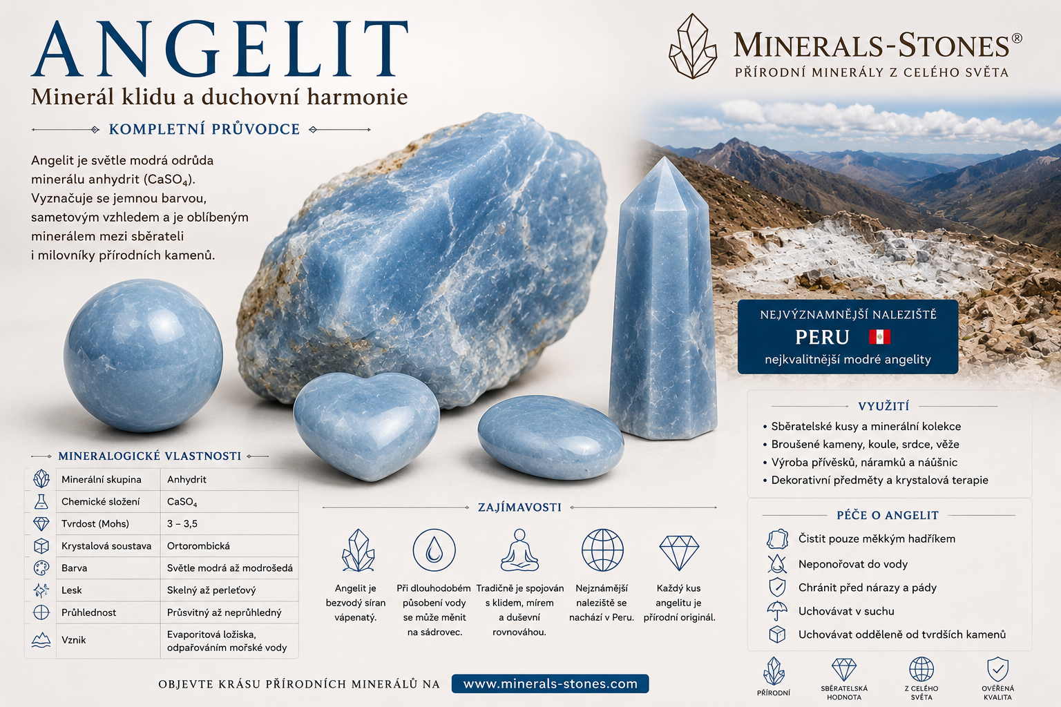 Angelit: vlastnosti, vznik, naleziště a mineralogický průvodce | MINERALS-STONES®