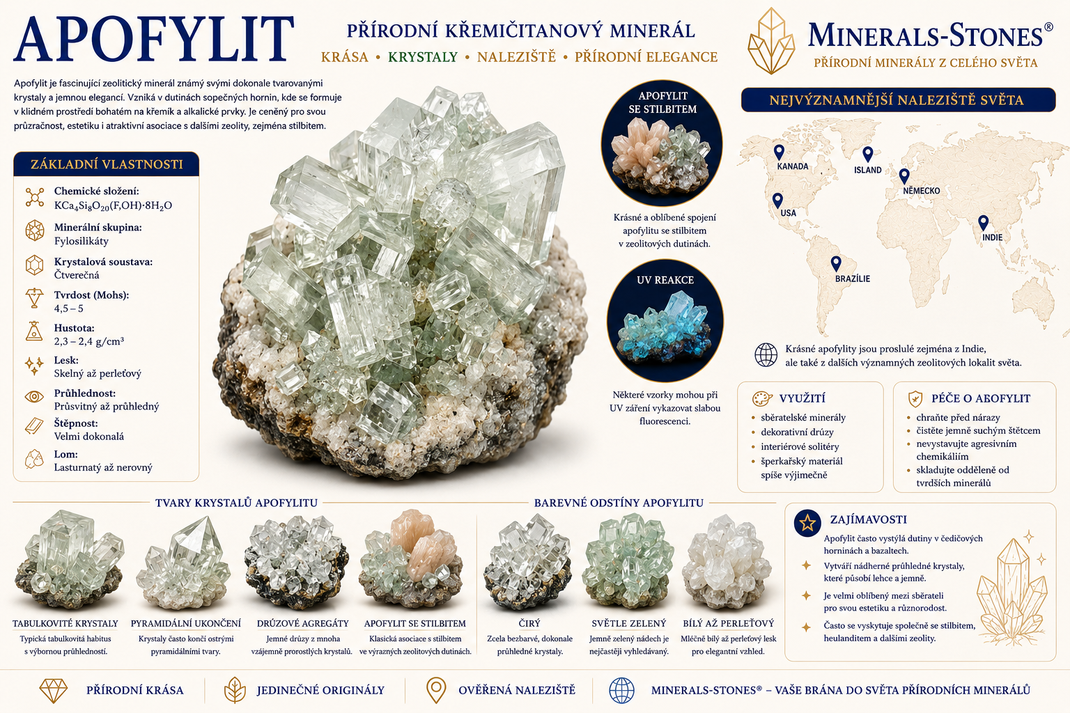 Apofylit: vlastnosti, původ, naleziště, barvy a péče | Encyklopedie minerálů | MINERALS-STONES 