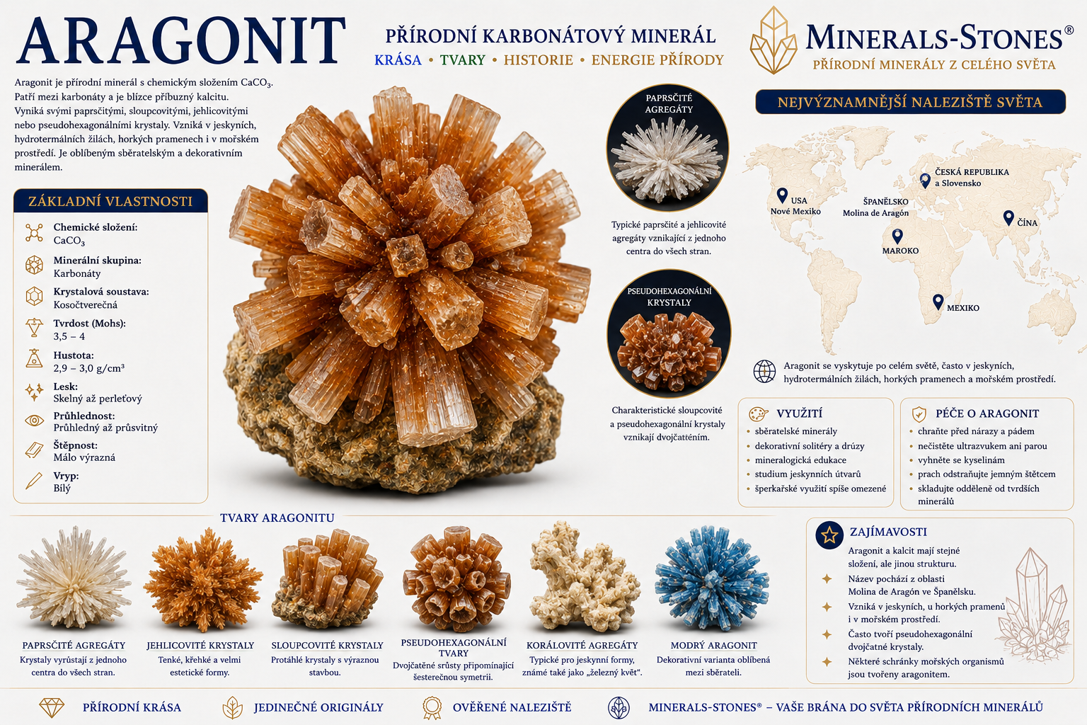 Aragonit: vlastnosti, původ, naleziště, barvy a péče | Encyklopedie minerálů | MINERALS-STONES 