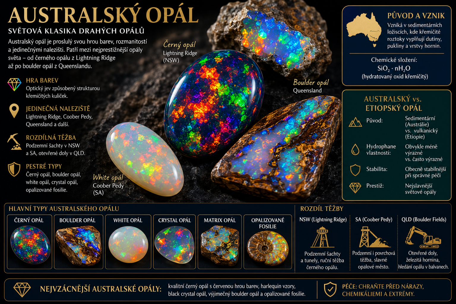 Australský opál: vlastnosti, původ, naleziště, barvy a péče | Encyklopedie minerálů | MINERALS-STONES