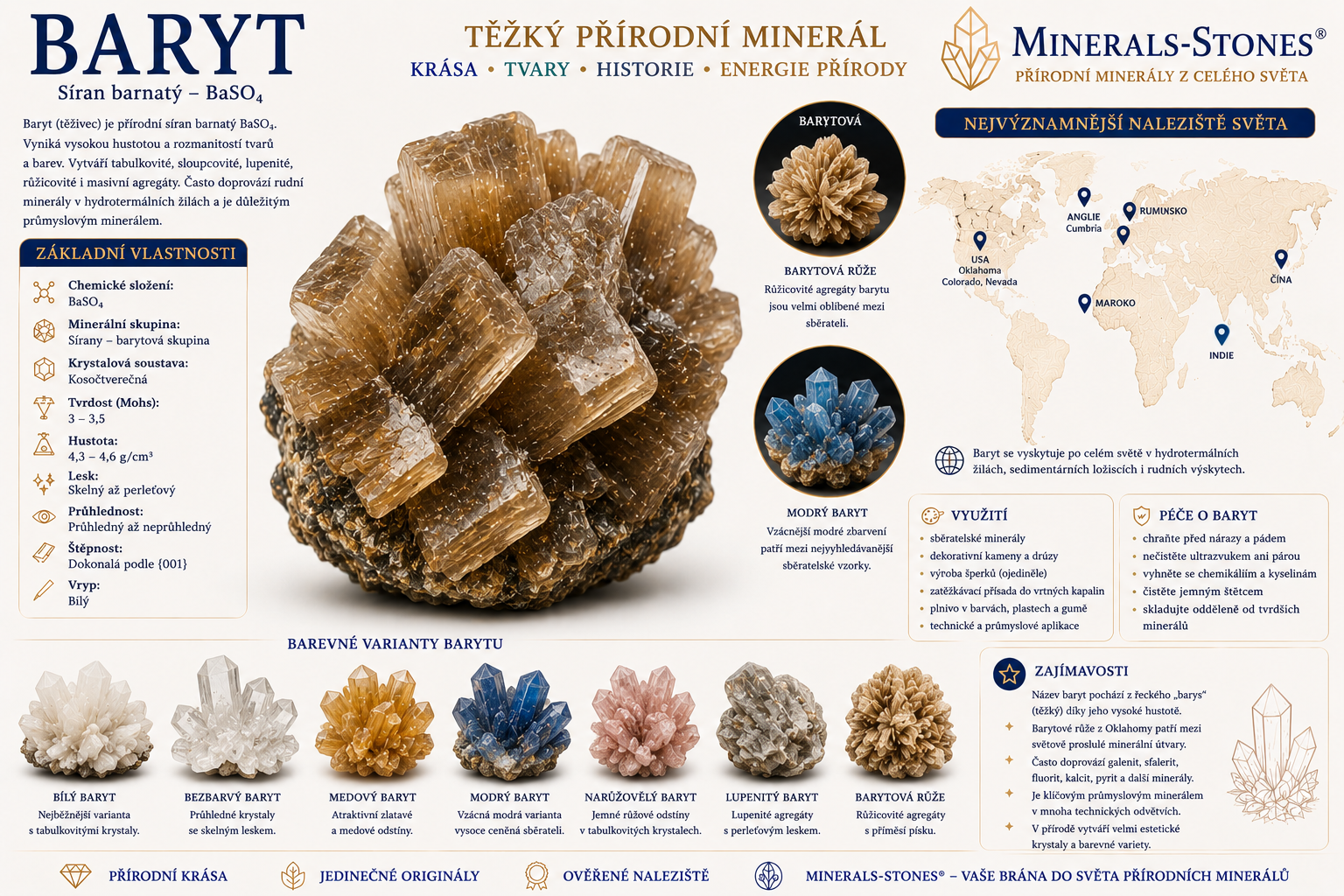 Baryt: vlastnosti, původ, naleziště, barvy a péče | Encyklopedie minerálů | MINERALS-STONES 