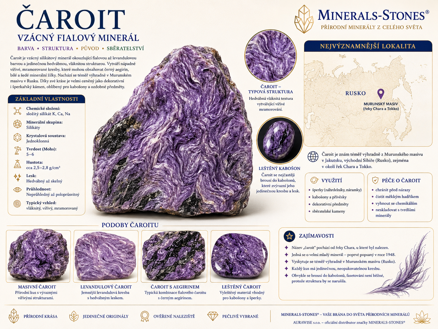 Čaroit: vlastnosti, původ, naleziště, barvy a péče | Encyklopedie minerálů | MINERALS-STONES 