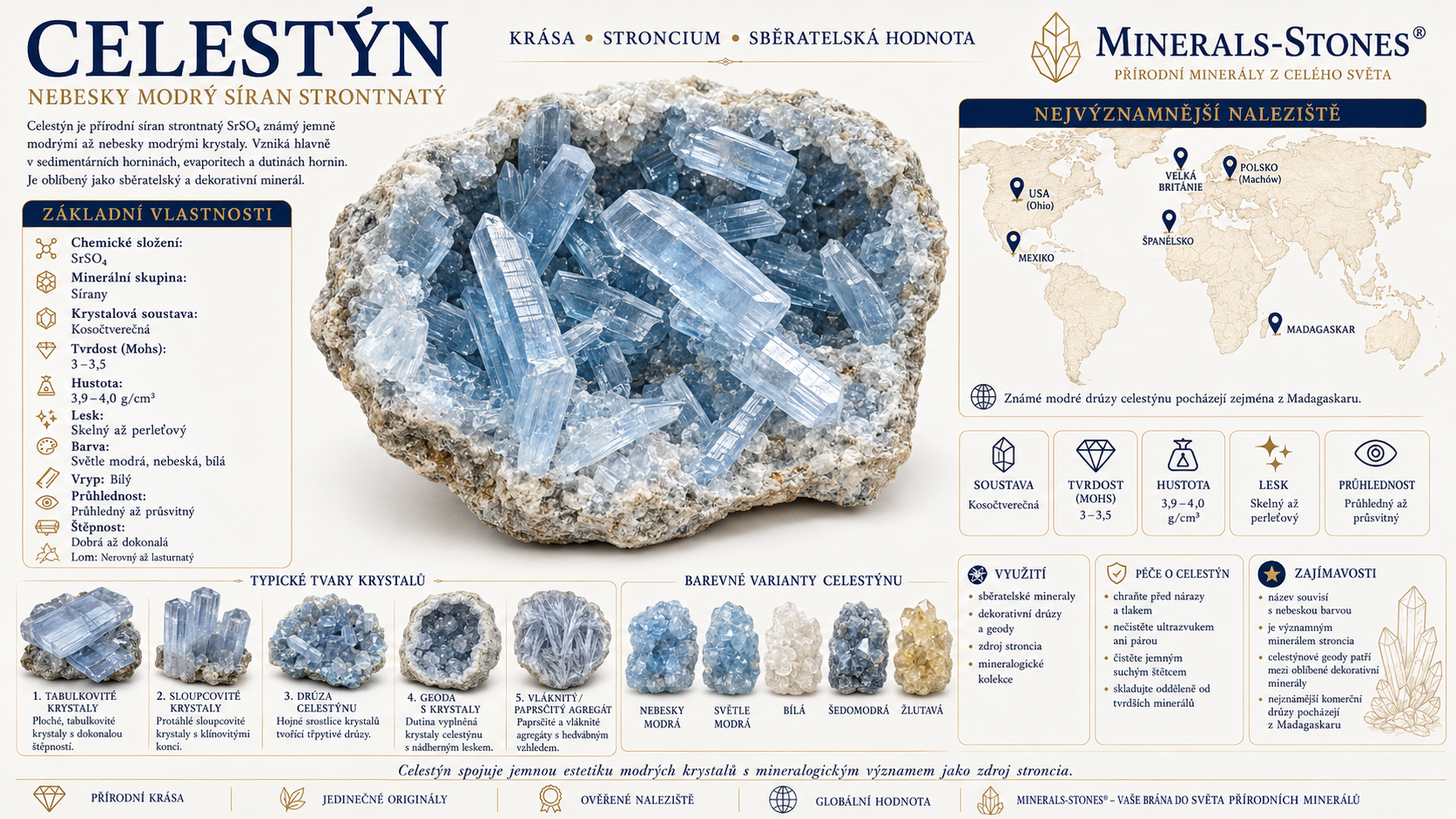 Celestýn: vlastnosti, původ, naleziště, barvy a péče | Encyklopedie minerálů | MINERALS-STONES 