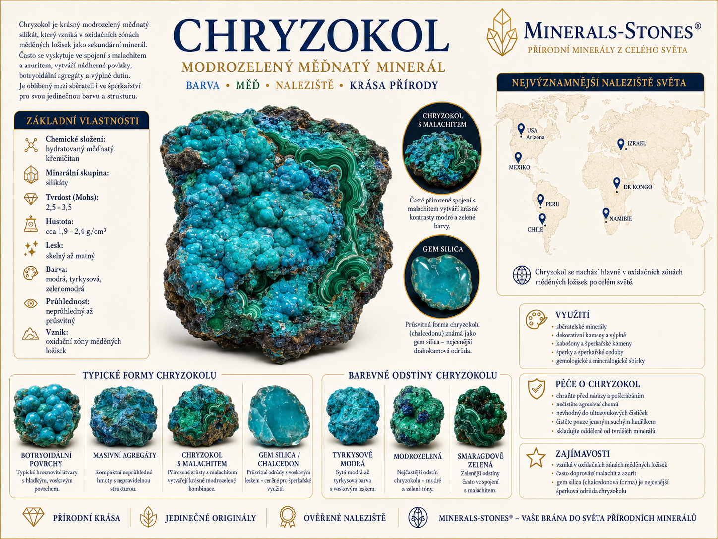 Chryzokol: vlastnosti, původ, naleziště, barvy a péče | Encyklopedie minerálů | MINERALS-STONES 