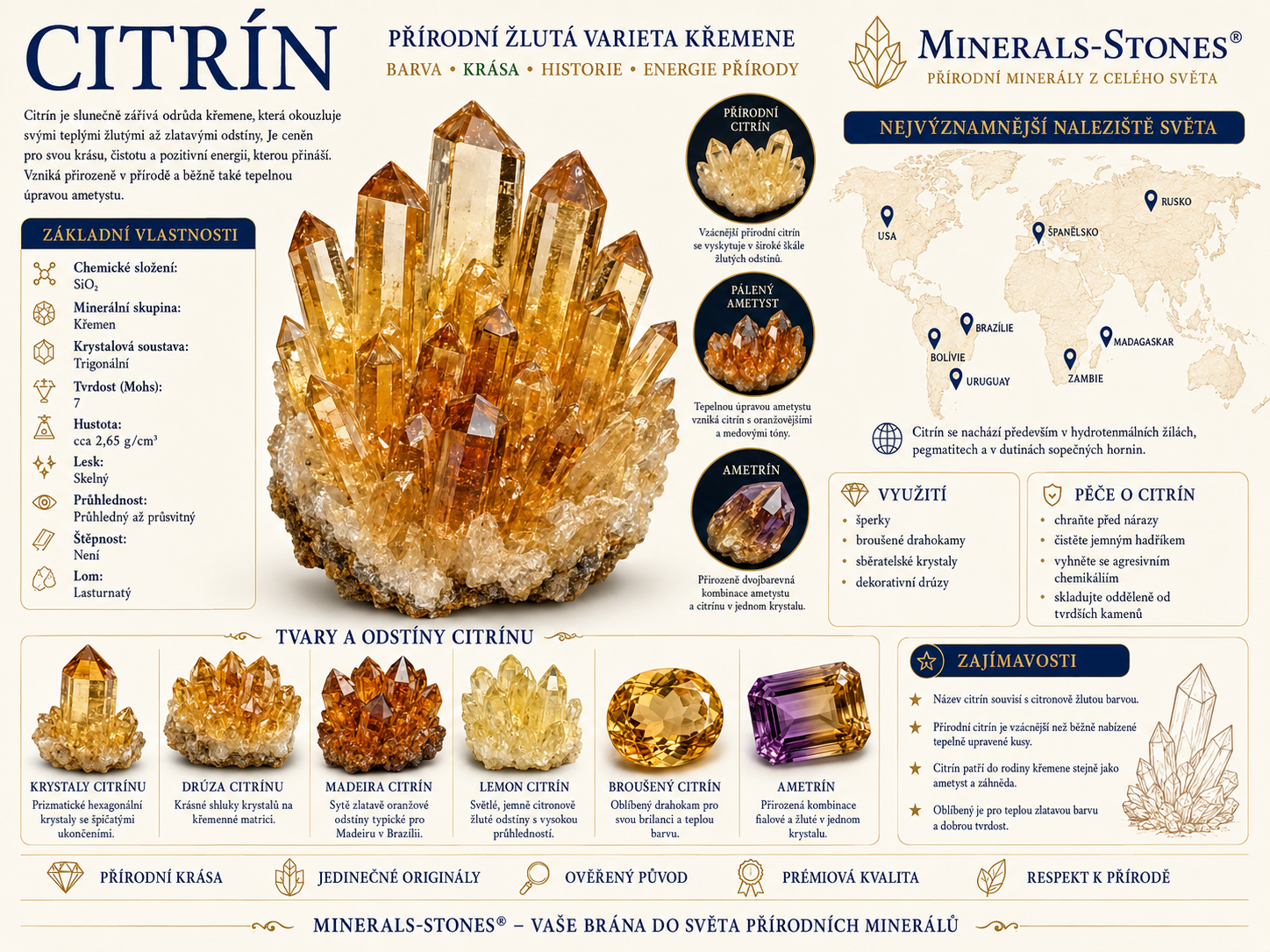 Citrín: vlastnosti, původ, naleziště, barvy a péče | Encyklopedie minerálů | MINERALS-STONES 