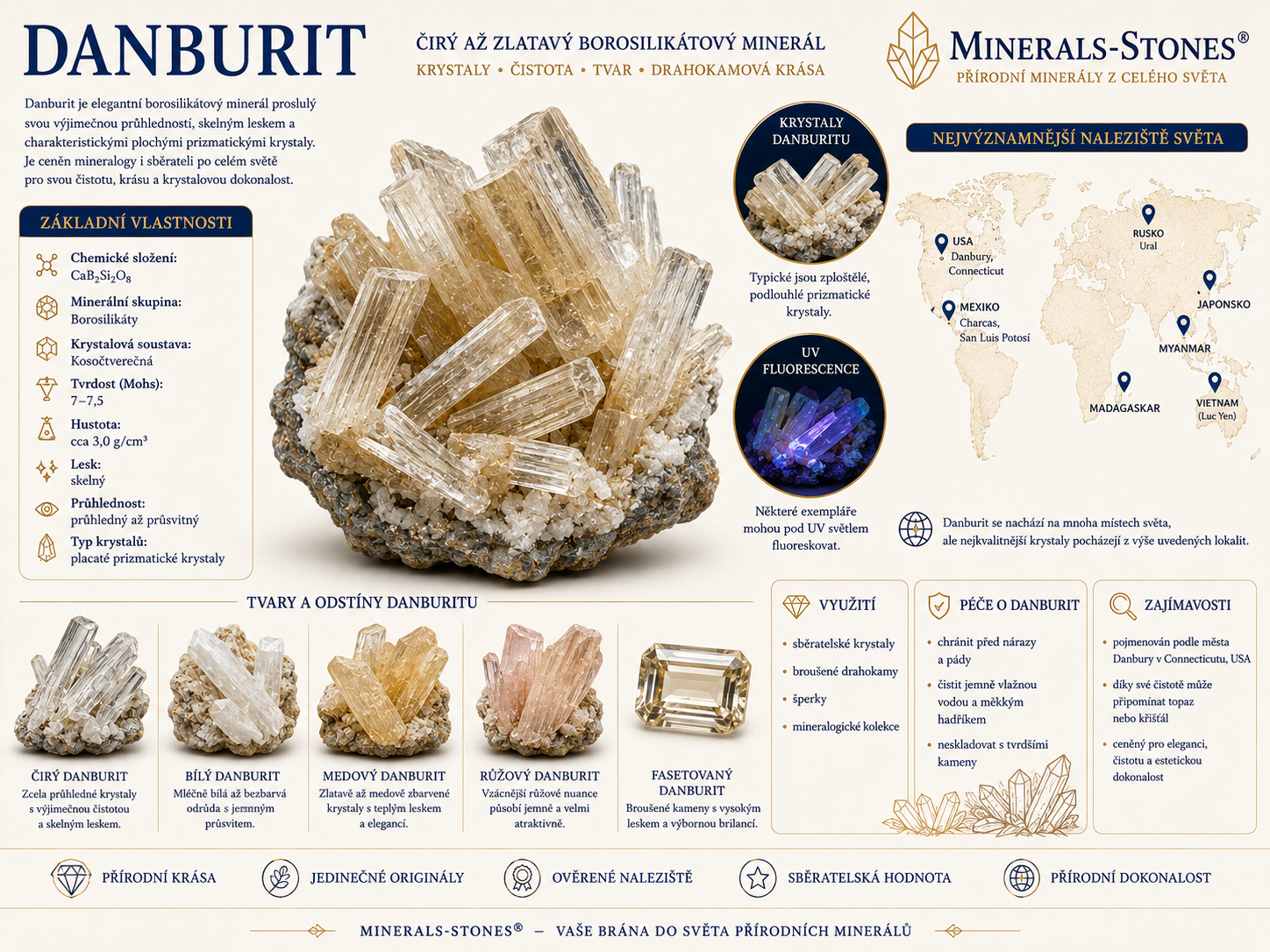 Danburit: vlastnosti, původ, naleziště, barvy a péče | Encyklopedie minerálů | MINERALS-STONES
