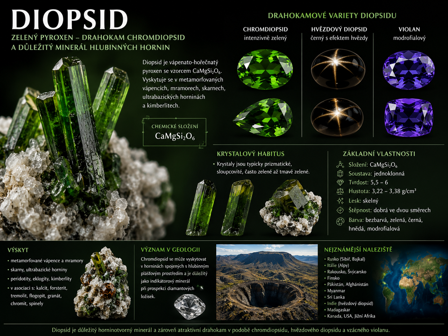 Diopsid: vlastnosti, původ, naleziště, barvy a péče | Encyklopedie minerálů | MINERALS-STONES