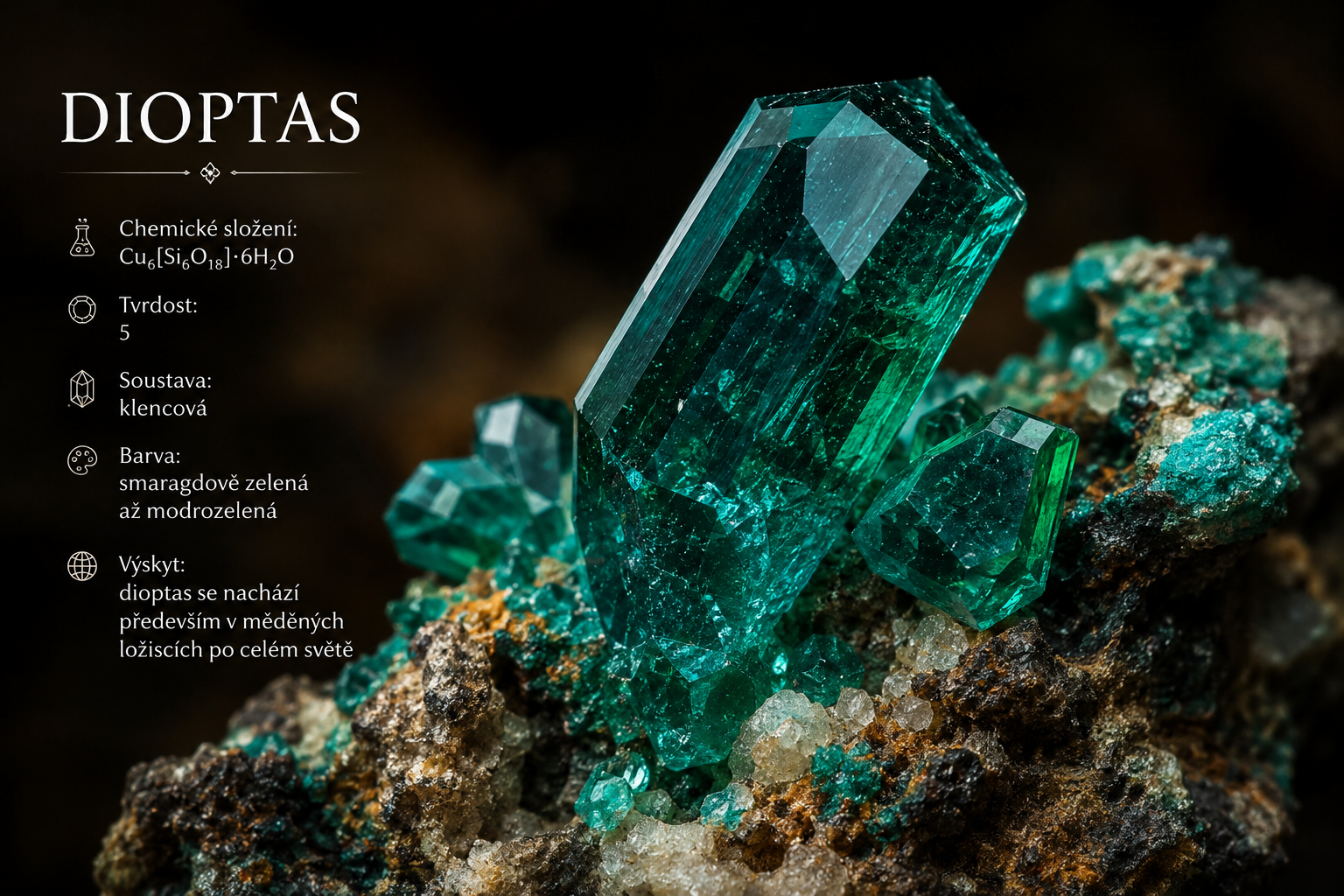 Dioptas: vlastnosti, původ, naleziště, barvy a péče | Encyklopedie minerálů | MINERALS-STONES