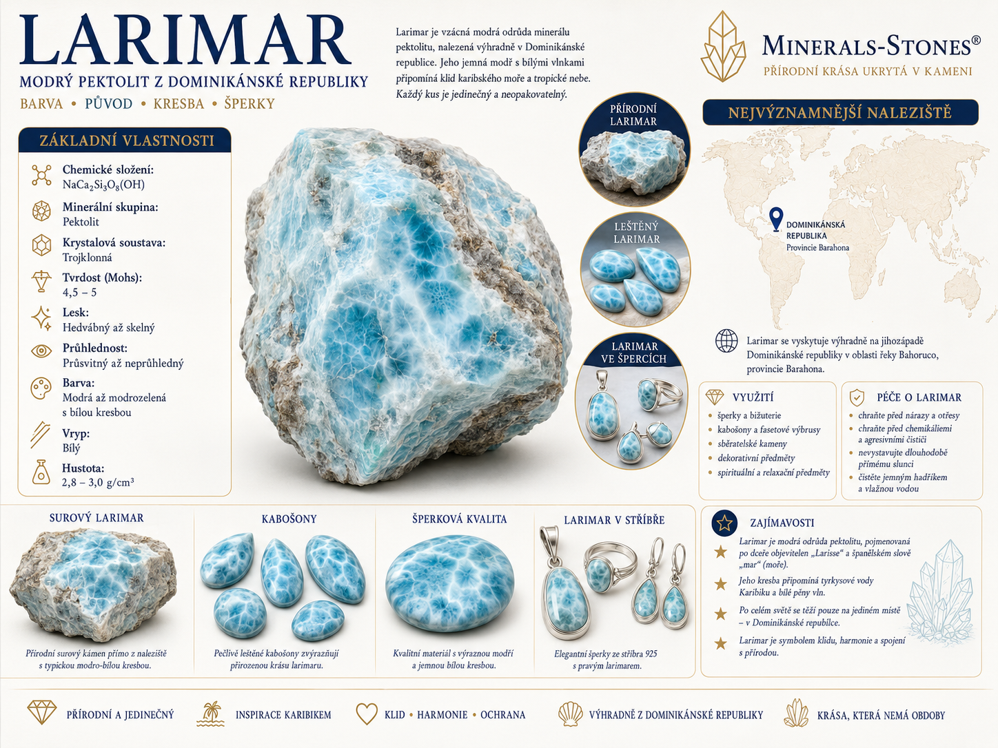 Larimar: vlastnosti, původ, naleziště, barvy a péče | Encyklopedie minerálů | MINERALS-STONES